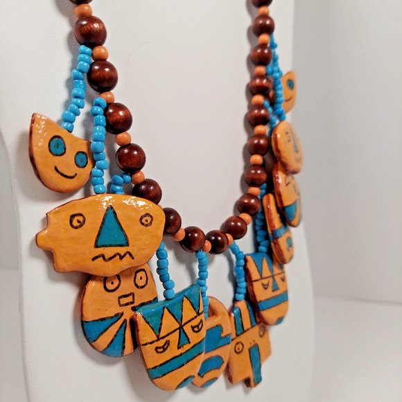Vtg Hand Painted Wood Face Charm Necklace Southwest Tribal Mask Boho Bead Dangle - Picture 3 of 16